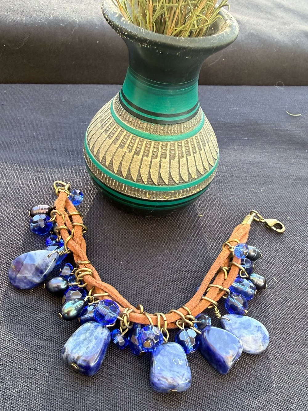 Beautiful Blue Stone Charm Bracelet with Brown Suede